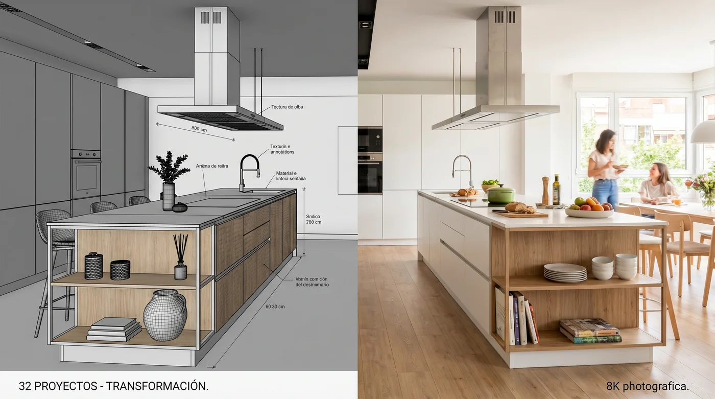 Render 3D comparado con la cocina terminada