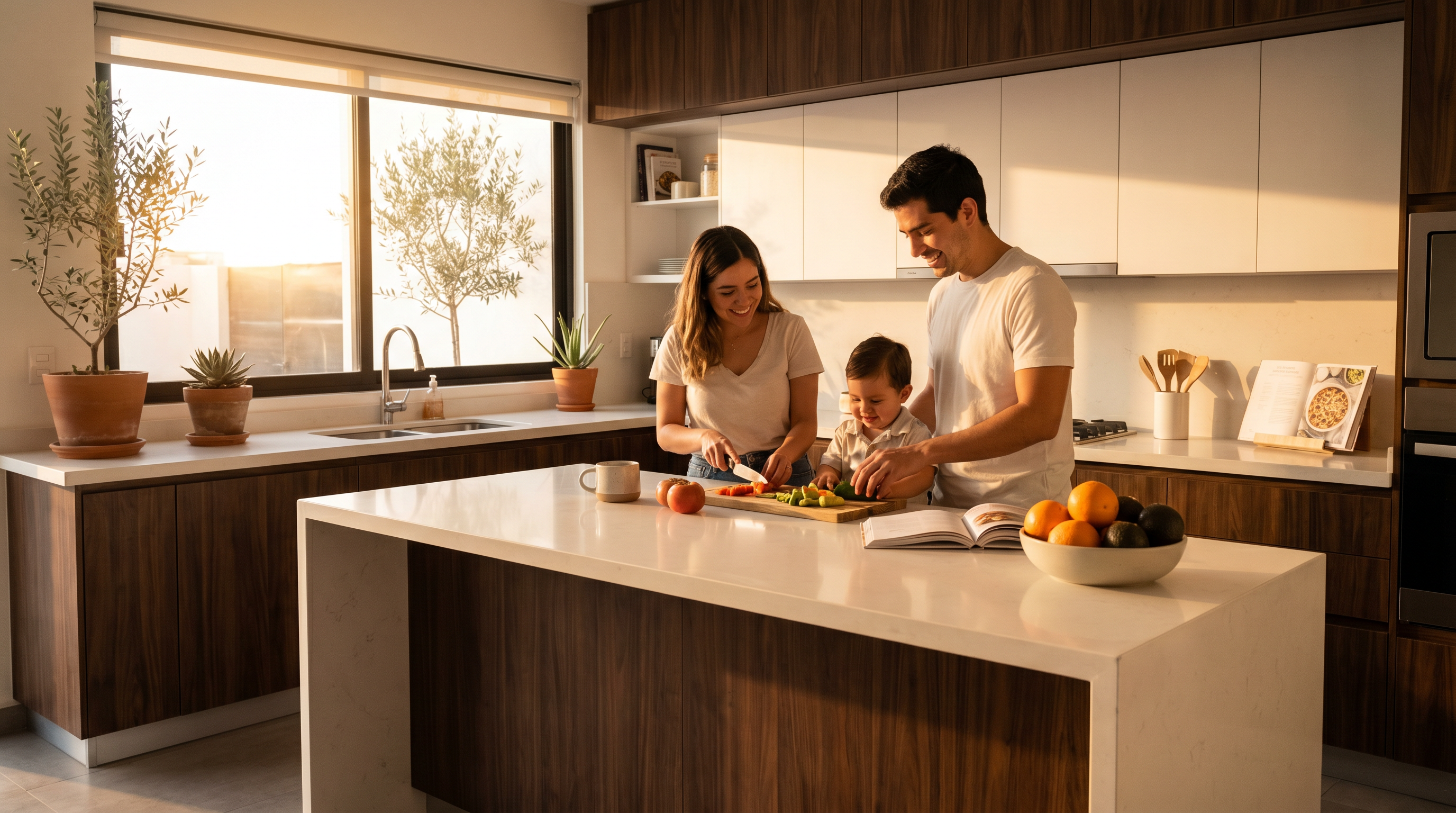 Familia disfrutando su cocina integral en residencia de Chihuahua