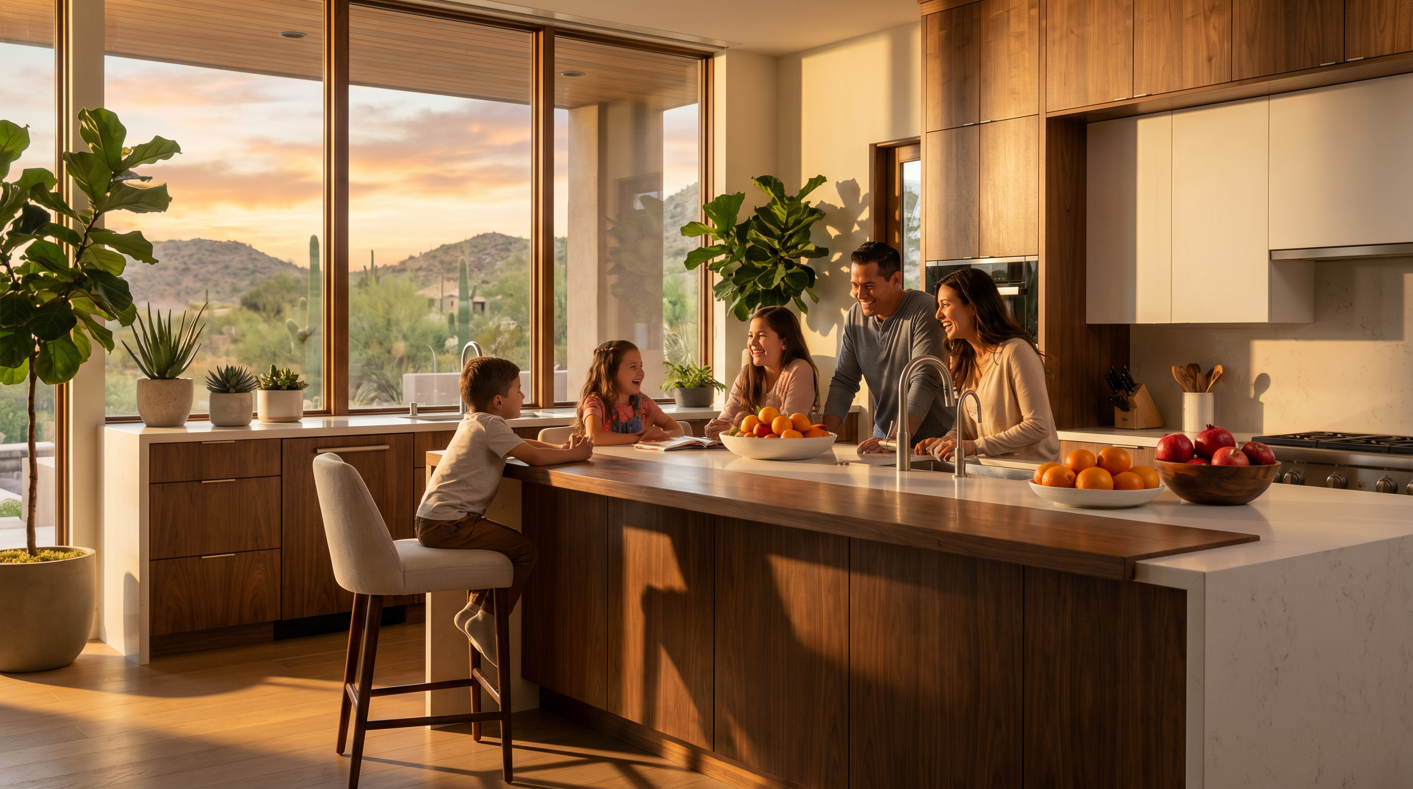 Familia conviviendo alrededor de isla de cocina en residencia premium de Chihuahua
