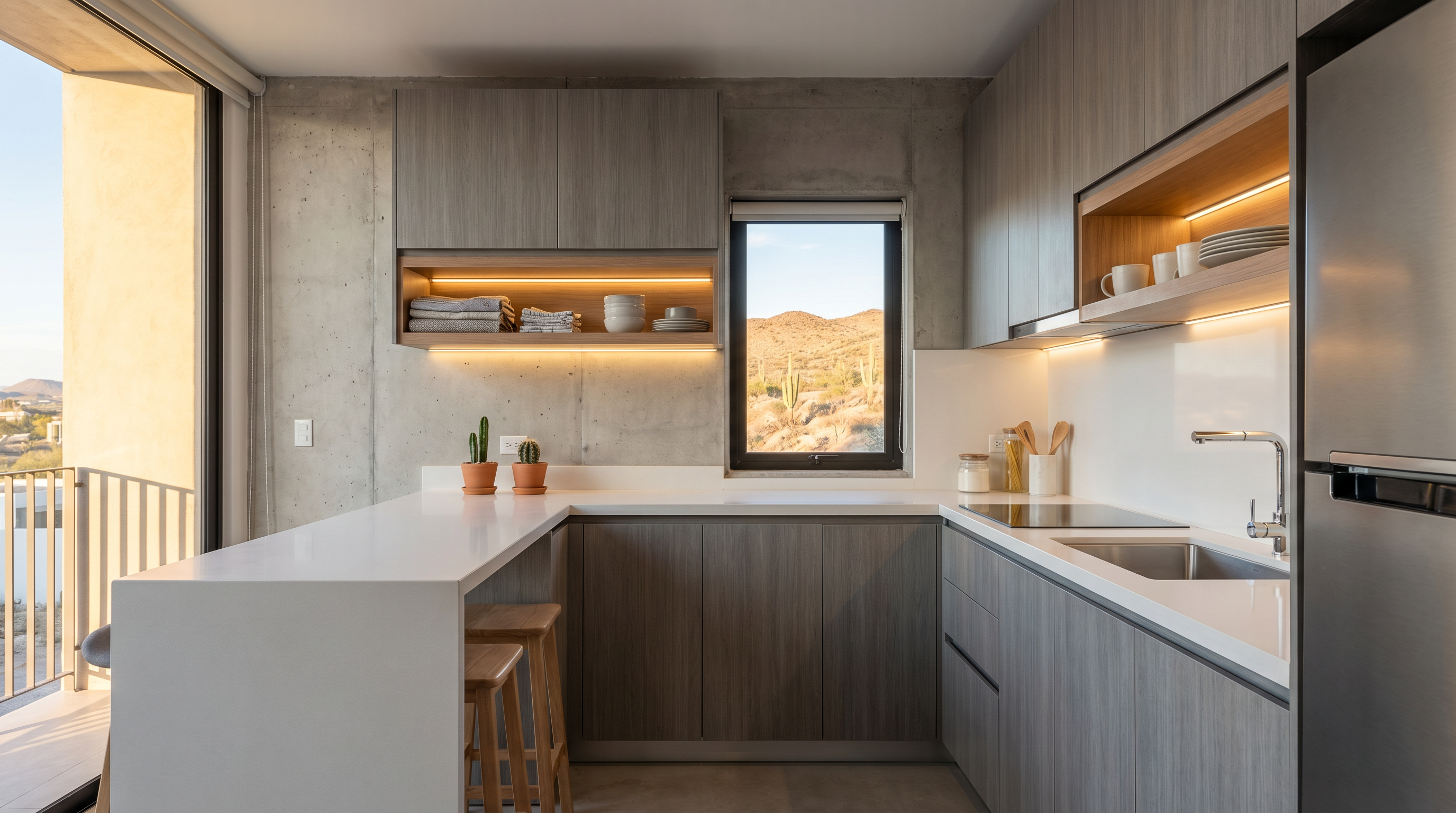 Cocina lineal moderna en departamento compacto de Chihuahua