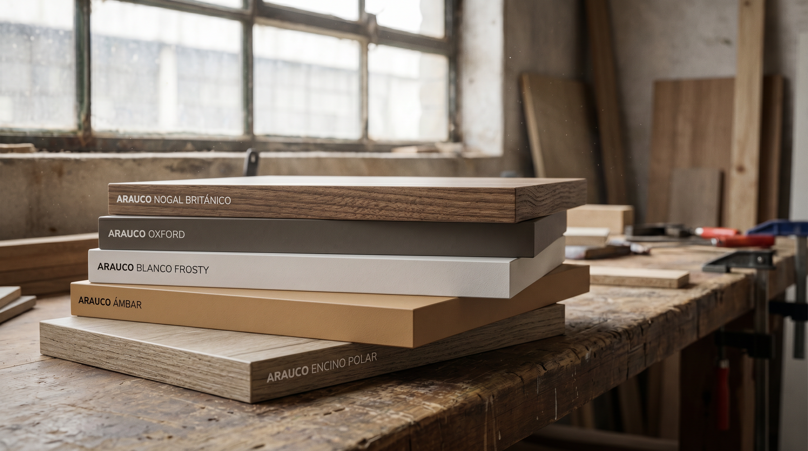 Muestrario de melaminas Arauco con diferentes texturas y tonos