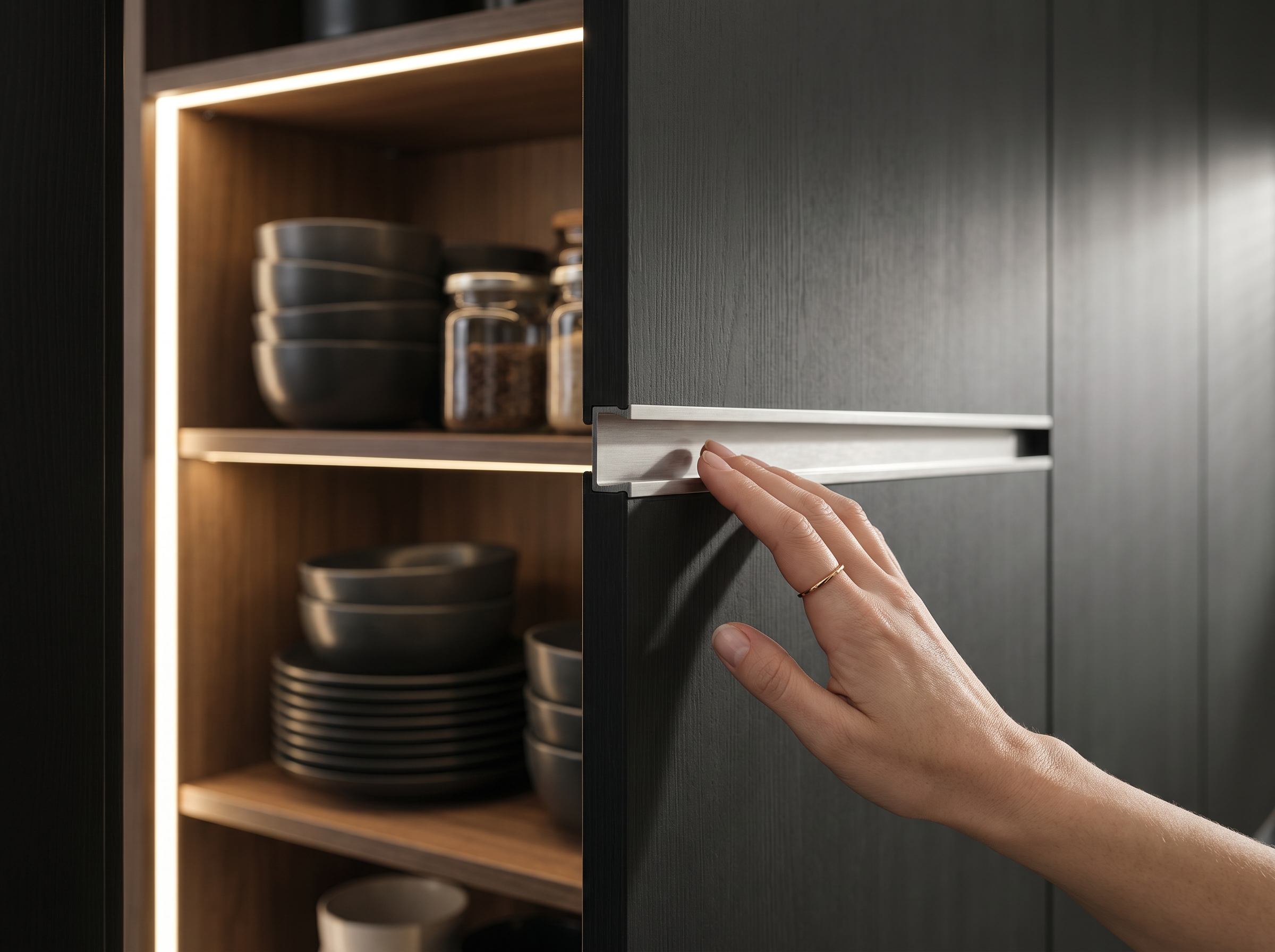 Detalle de perfil Gola en cocina moderna: líneas limpias sin jaladeras