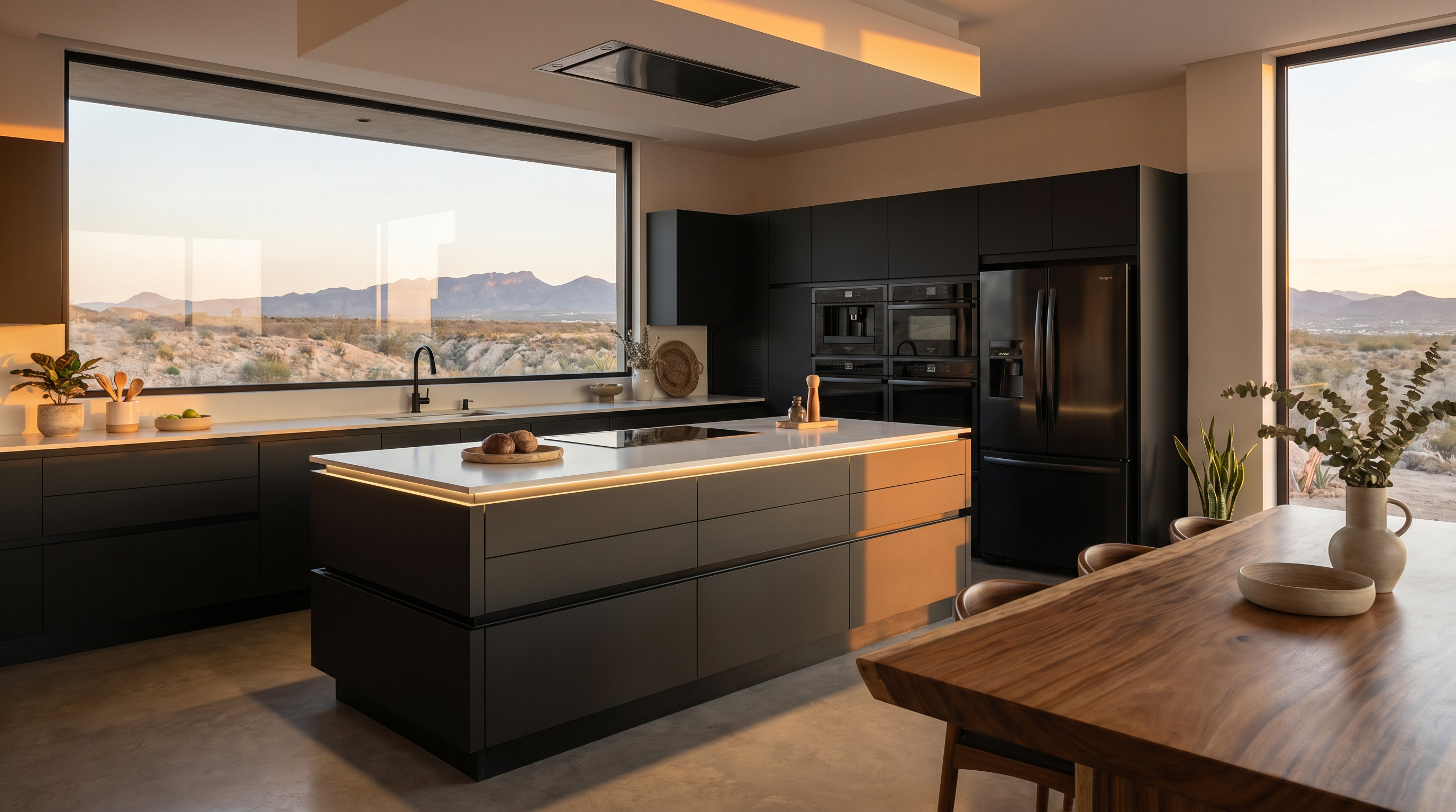 Cocina moderna con tendencias 2026: tonos tierra, perfiles Gola y texturas naturales